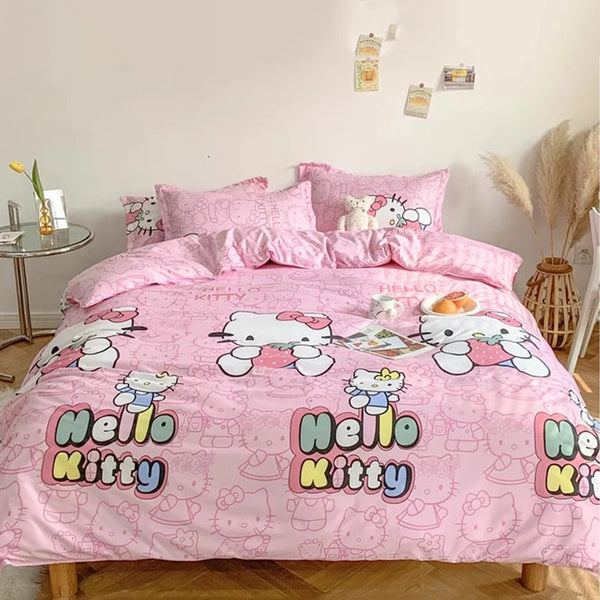 Hello cat Cotton Kitty Bedding Set Cute Double Flat Sheet Duvet Cover Pillowcase Bed Linens Girl Dorm Bedclothes Home Textile