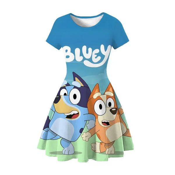 2024 New Bluey Family Summer 3d Printed Girls Cute Cartoon Princess Dress Anime Bingo Girls Short Sleeve Nightgown Gift