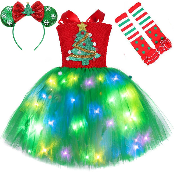 Led Color Lights Christmas Costumes for Girls Twinkling Xmas Tree Tutu Dress Holiday Party Outfits Kids New Year Clothes Gifts