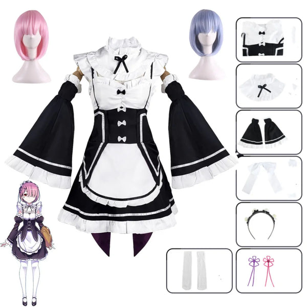 Ram Rem Cosplay Re:zero Kara Hajimeru Isekai Seikatsu Black Costume Girls Maid Outfit Women Apron Dress Halloween Costumes