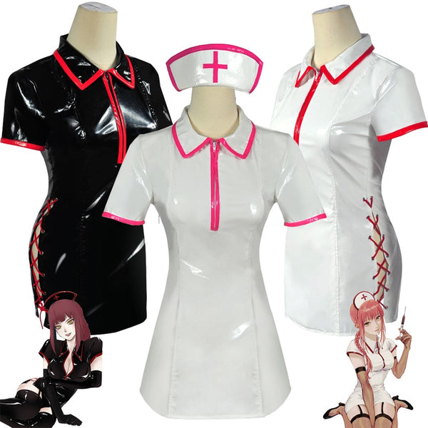 Anime Makima Nurse Chainsaw and Man Cosplay Costume Power Cosplay Uniform Artificial PU Leather Dresses and Nurse Cap