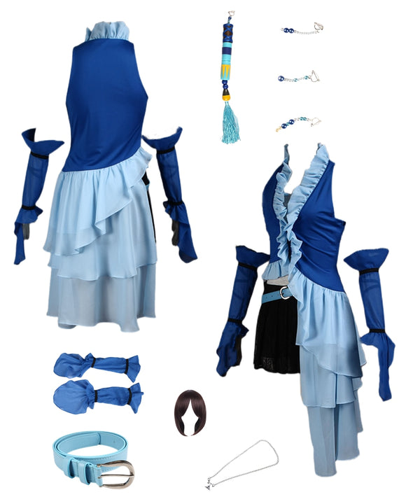 Anime Game Cosplay  FF X Yuna Cosplay Blue Dress Brown Wig Women's Suit Halloween Costume