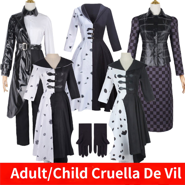 2021 New Movie Evil Madame ICruella De Vil Costume Women Cosplay Gown Black White Maid Dress Halloween Party Fancy Dress Wig