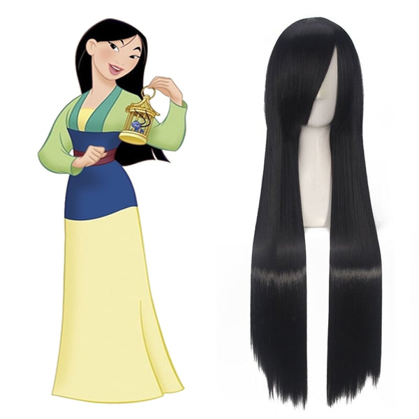 Mulan Cosplay Wig 80cm Black Long Straight Princess Women Girls Synthetic Hair + Wig Cap