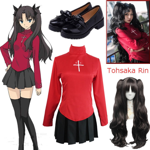 Tohsaka Rin Halloween Cosplay Costume Fate Stay Night Rin Tohsaka Uniform Dress Cos Anime Fate Grand Costumes Full set with Wig