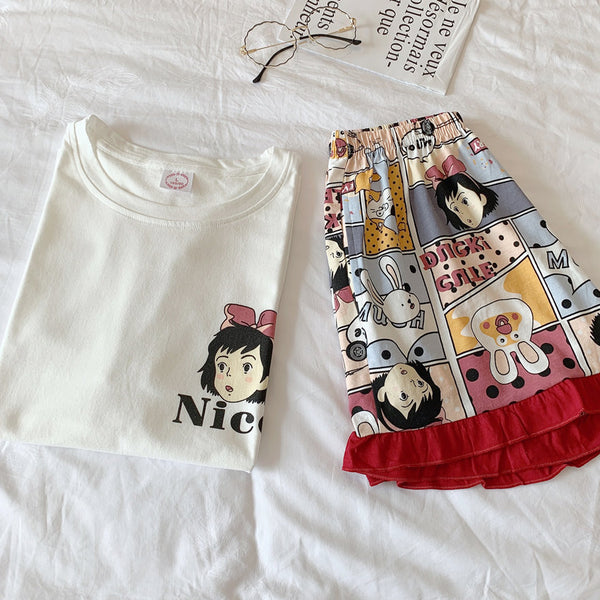 Japan Anime Pajamas Kiki Delivery Service Short Shirts And Shorts Women Pyjama Summer Nightgown Homewear Girls Harajuku Suits