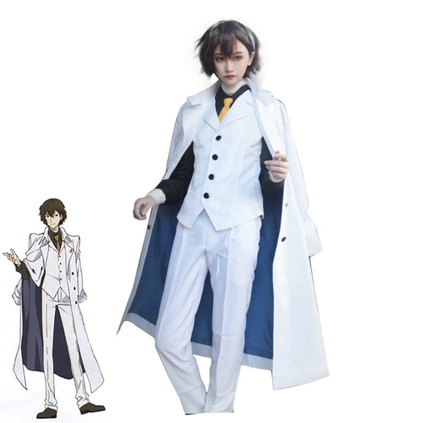 Anime Bungo and Stray Dogs: DEAD APPLE Dazai Osamu Cosplay Costume Adult White Trench Pants Suit Halloween Carnival Uniforms