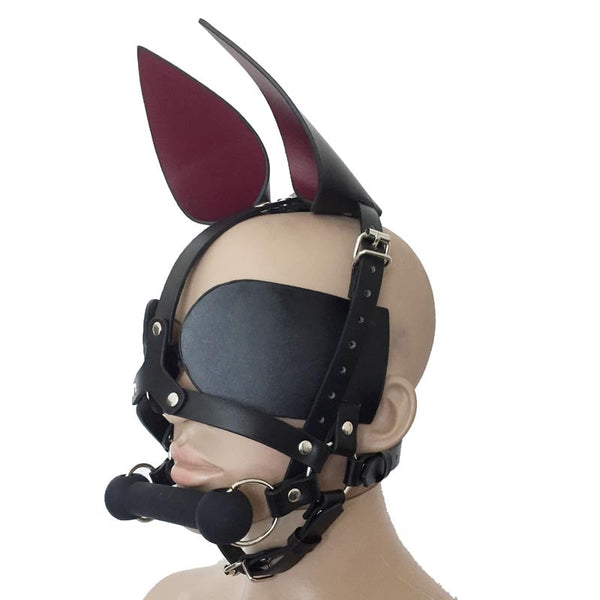 Faux Leather Pony Girl Harness Head Piece with Ears Eye Shade Bit Gag Fetish Pet Cosplay Mask