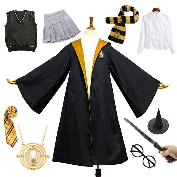 Unisex Adult Kids Women Men Halloween Costume Yellow Cloak With Dress Sweater Shirt School Granger College Uniform Cosplay