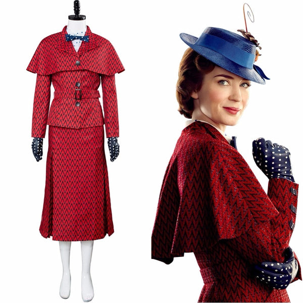 Mary Cosplay Poppins Returns Costume Red Suit Dress Hat Girls Women Adult Halloween Christmas Costume Full Set