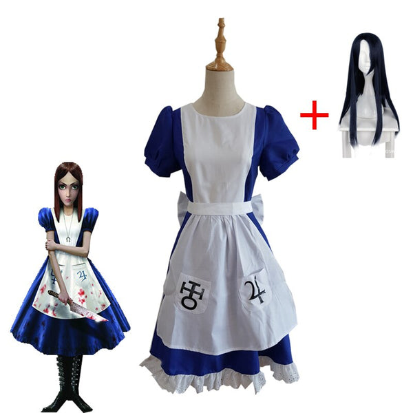 Game Alice Madness Return Cosplay Costume Girl Uniform Skirt Apron Set Blue Maid Dress Halloween Party Show Dress Wig