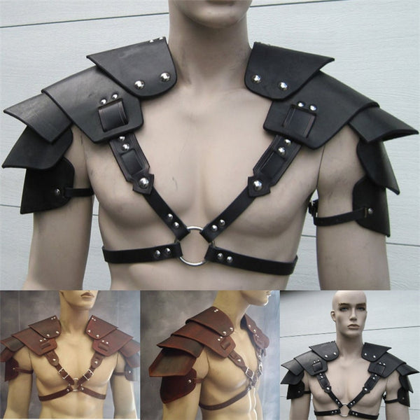 Men Medieval Costume Armors Cosplay Accessory Vintage Gothic Warrior Knight Shoulder PU Leather Harness Body Chest Harness Belt