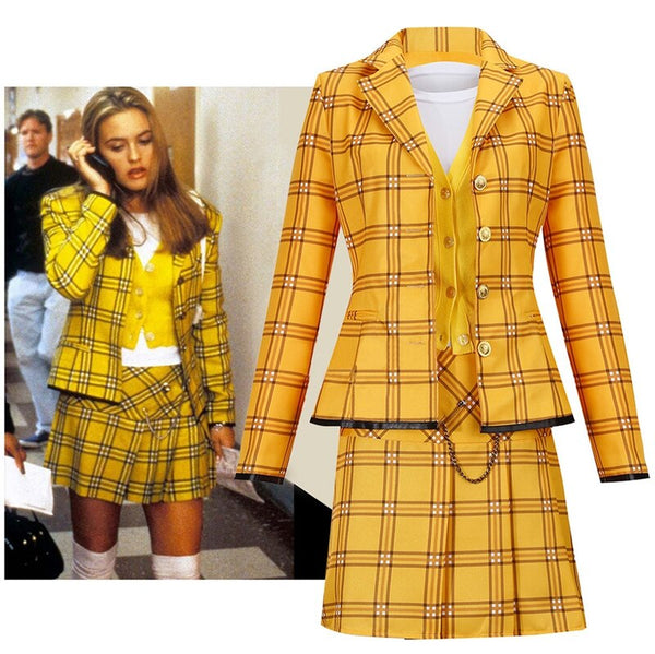 Anime Clueless Cosplay Costume Outfits for Adult Women Girl Yellow Plaid Suit Jacket Shirt Skirt Halloween Carnival