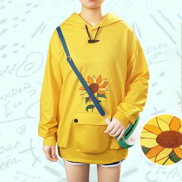 Anime WONDER EGG PRIORITY Ohto Ai Cosplay Costume Casual Yellow Embroidery Hoodie Pullover Coat Pants with Bag Halloween Uniform