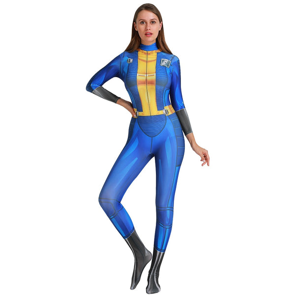 Spandex Blue & Gold Combination Tight Fallout 4 Vault Game Character Cosplay Zentai Superhero Costume