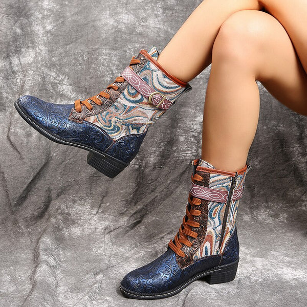 Women Gothic Medieval Retro Shoes Traditional Genuine Leather Double Buckle Lining Casual Platform Chunky Heel Short Boots