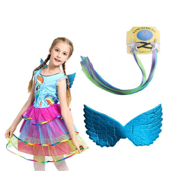Girl  Rainbow Princess Dress My Girl Little Pony  Party Dress Cosplay Costume  + Pony's Wig +Wing  Girl Clothes Set