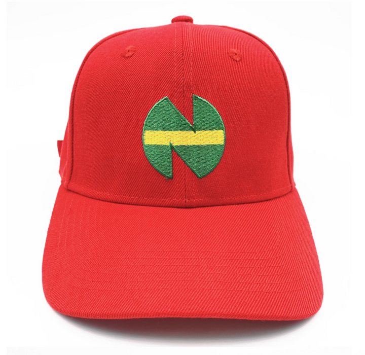 Red cap with a green and yellow logo on a white background