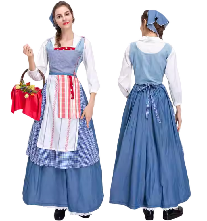 Woman wearing a blue dress with a white shirt, holding a basket of flowers, on a plain background.