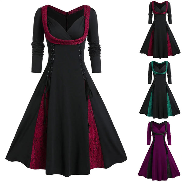 Vintage Women's Plus Size Dress Vestidos Gothic Lace Up Long Sleeved  Party Dress Ladies Lace Patchwork A Line Dress Robe 5XL