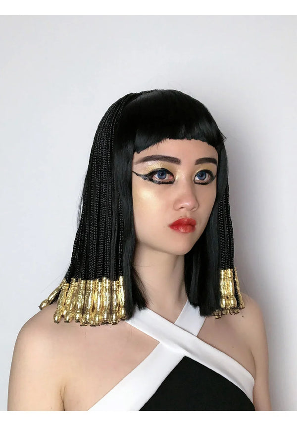 Egyptian Cleopatra Black Braids Styled Heat Resistant Synthetic Hair Halloween Party Carnival Cosplay Wigs + Wig Cap