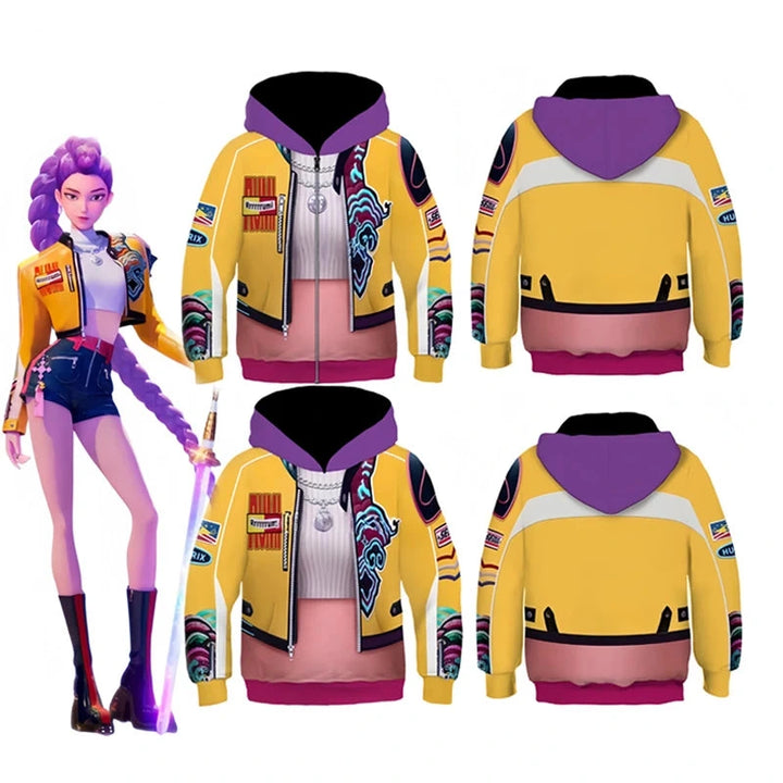 Yellow hoodie with colorful designs on a white background, featuring 'K-POP DEMON HUNNERS' branding.