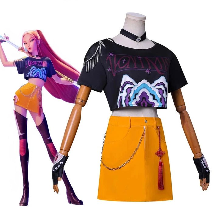 Mannequin wearing a black crop top with colorful design and yellow skirt, next to an animated character from 'K-POP Demon Hunters'.