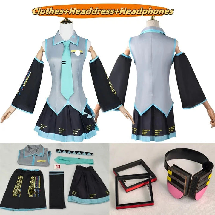 Cosplay costume set with clothes, headaddress, and headphones on a white background