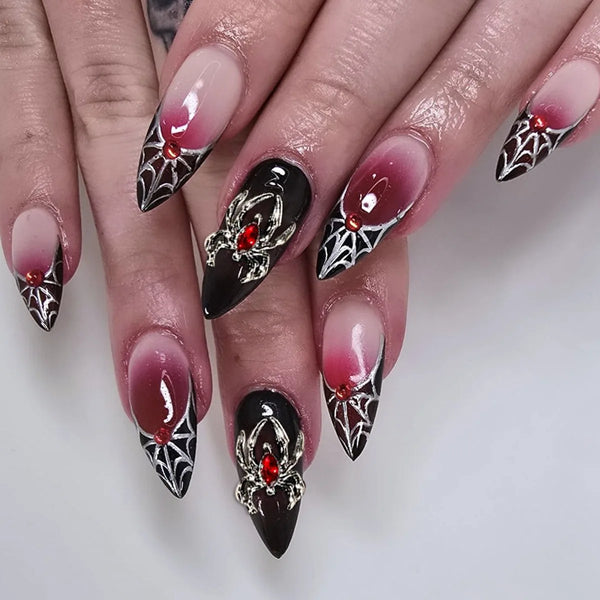 24pcs Long Almond Press on Nails Press on Halloween Spider Web Design Black Fake Nails Rhinestone Gradient Red Stick on Nail Tip