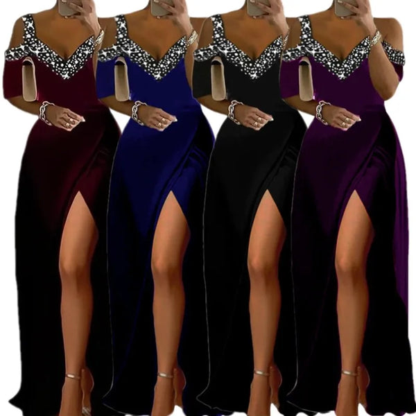 S-3XL New Fashion Clothes Solid Color Slip Off The Shoulder Long Dress African Women's Sexy V-neck Dress Split Skirts Gowns Maxi Cosplay costume