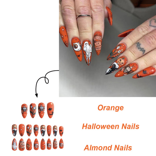 Long Almond Halloween Fake Nails With Orange Pumpkin Ghost Designs 24pcs Pointed Press On Nails Frosted False Nail Art Wearable