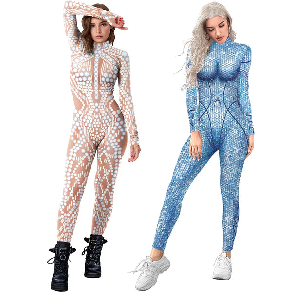 Sexy Mermaids Sequins 3D Print Halloween Costume For Women Bodysuits Long Sleeve Cosplay Party Tight Jumpsuits