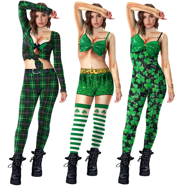 Cosplay Slim Elastic Bodysuits St Patrick's Day Shamrocks 3D Digital Printed Holiday Party Long Sleeve Costume