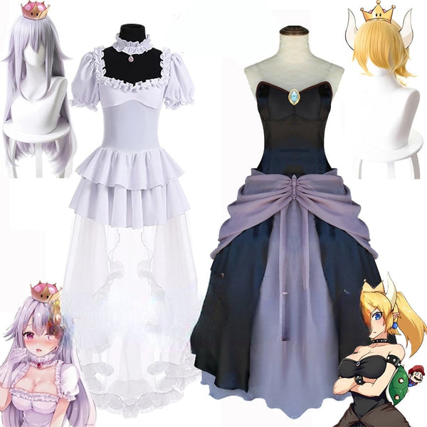 2020 Bowsette Cosplay Costume Bowsette Cosplay Princess Koopa White Costume Women Long Dress Ball Gown Retro Medieval Dress
