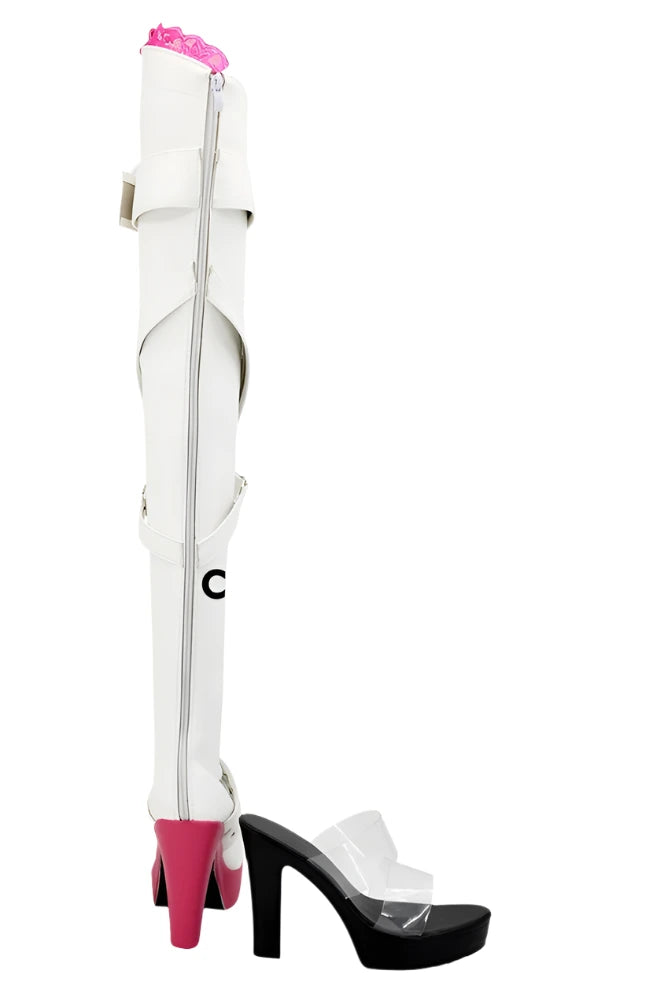 White high-heeled boots with pink accents on a white background, branded 'The Cos World'.