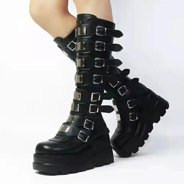 Gothic Shoes Platform Knee High Boots Punk Black Sexy Motorcycles New Halloween Cosplay Zapatos Mujer Shoes for Women