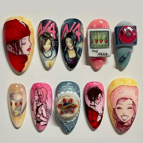 24pcs Anime Pattern Full Cover Nail Tip Colorful Almond False Nail Art Ornament for Girls Wearable Press on Nails Set Fake Nails