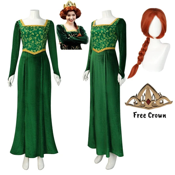Anime Princess Green Dress Fiona Dress Shrek Cosplay Costume Halloween Fancy Fantasy Party Suit Roleplay for Adult Woman
