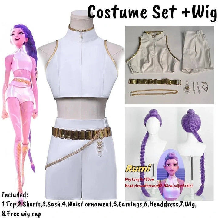 KPOP Demon Hunters costume set with top, shorts, sash, and wig on a mannequin and separate images.