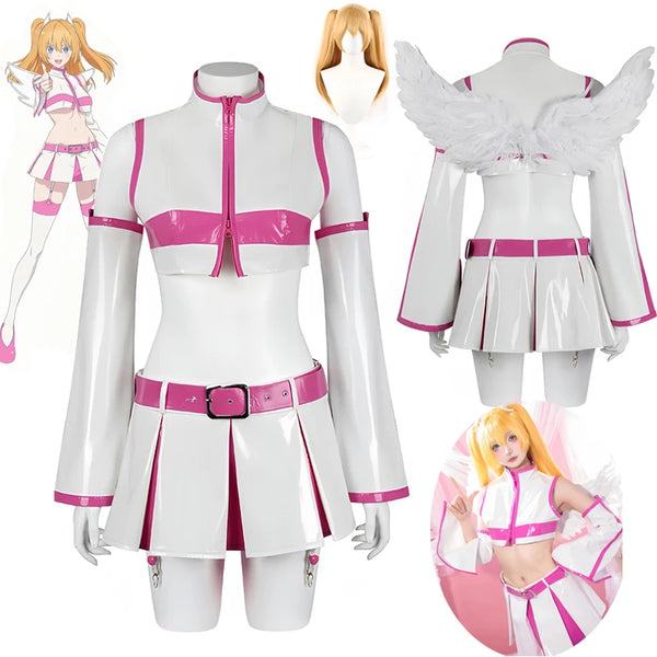 Anime 2.5 Dimensional Seduction Lilysa Amano Liliel Cosplay Costume Wig Wing Stockings Skirt Set Leather White Uniform Girls