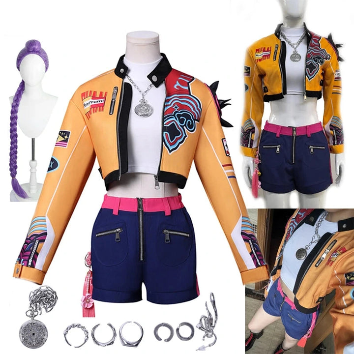 K-Pop Demon Hunters costume set with jacket, shorts, accessories on mannequins.