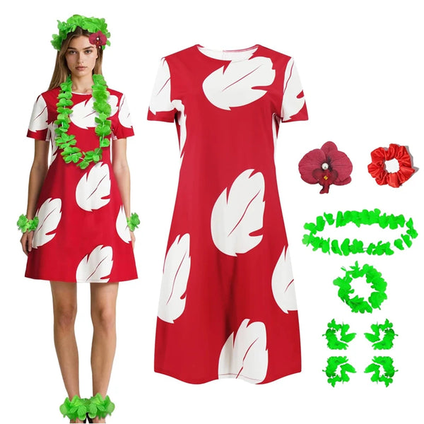 Lilo Cosplay Costume Pelekai Red Lilo Dress with Hawaiian Leaf Flower Leis Accessories Flower Hair Clip Halloween Party Cosplay