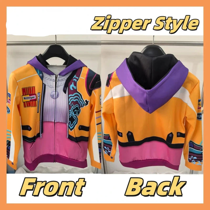 Colorful hoodie with zipper front and back, featuring K-POP DEMON HUNTERS branding.