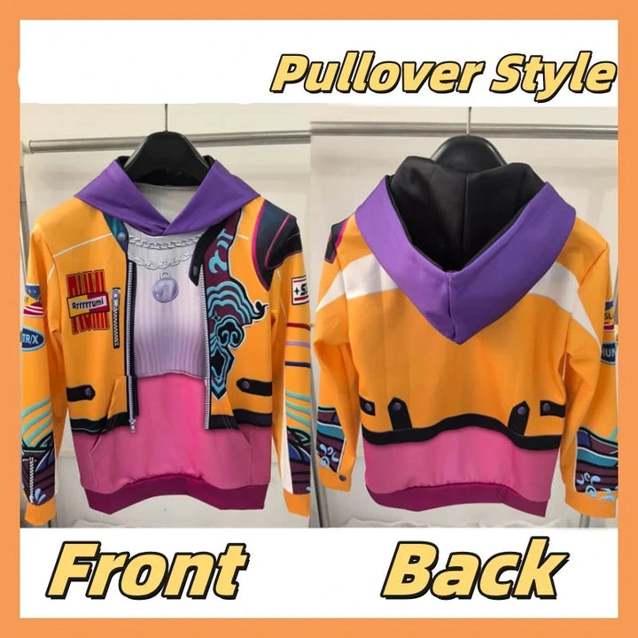 Colorful pullover hoodie with front and back views on mannequins, labeled 'K-POP DEMON HUNTERS Pullover Style'.