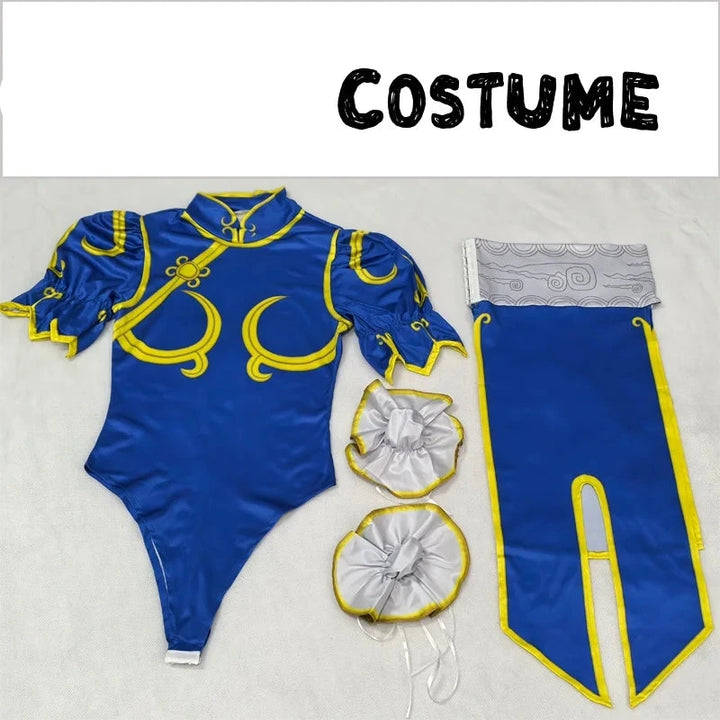 Blue and yellow Chun Li costume with accessories on a white background