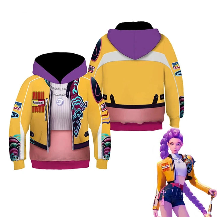 Colorful hoodie with KPOP Demon Hunters branding, front and back views, and a small figure wearing the hoodie.