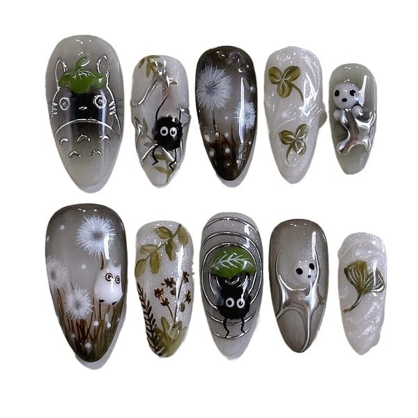 24pcs Gradient Black False Nails Cute Cartoon Cat's Eye Forest Elf Girl Press On Nails Glossy Almond Sweet Cool Fake Nail Tips