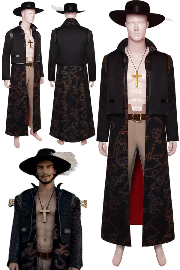 A collection of Dracule Mihawk cosplay costumes, featuring a black coat with gold accents, a matching hat, and a belt. The second set includes a brown coat with gold and black patterns, a matching hat, and a cross necklace.