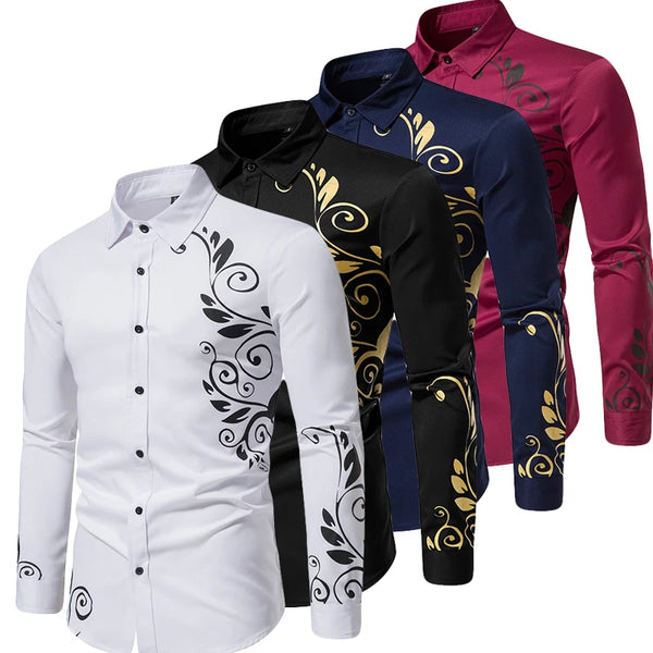 New Men's Shirt European and American Fashion Stamping Print Shirt Men's Long Sleeve Casual Fashion Shirt Collar Button Shirt