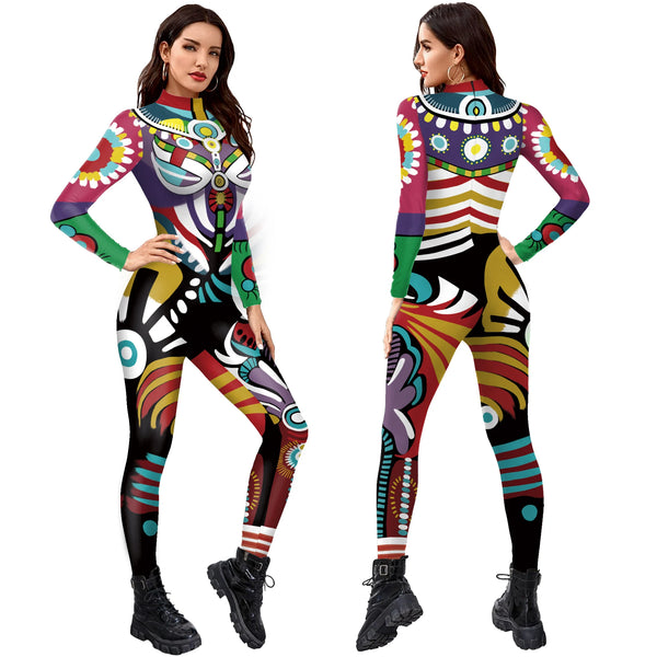 Halloween Women Cosplay Robot Punk Printed Retro Mechanica Cosplay Jumpsuit Catsuit Zentai Halloween Bodysuit